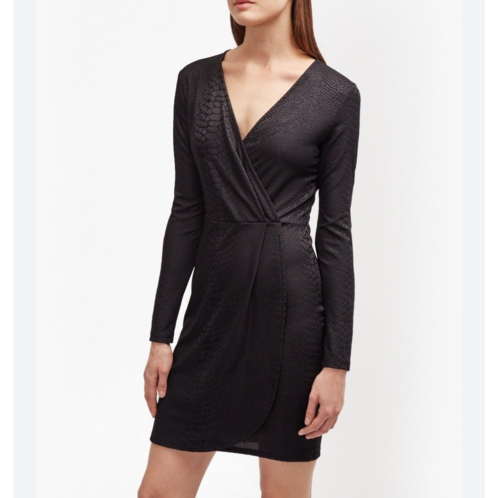 French‎ Connection Black Snake goth sexy Long Sleeve faux Wrap Dress XS boho Y2K